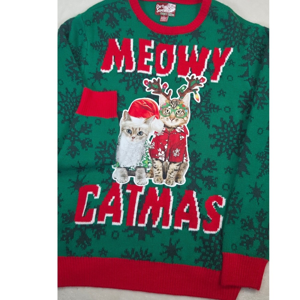 Party Sweater Meowy Catmas Sweater Large Green Excellent Holiday Graphic